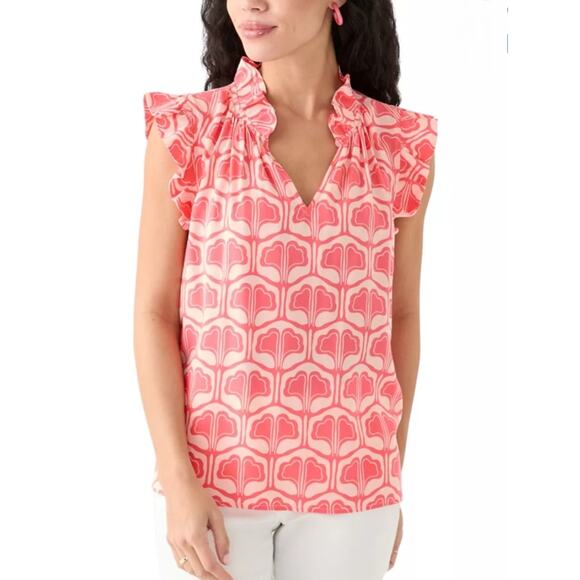 Crown & Ivy Tops - Crown Ivy Women Ruffle Pink Print Sleeveless shirt top L Coastal Casual Preppy